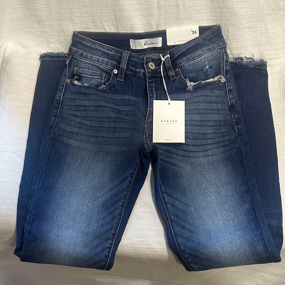 KanCan Distressed Dark Blue Mid-Rise Super Skinny Jeans, size 1/24